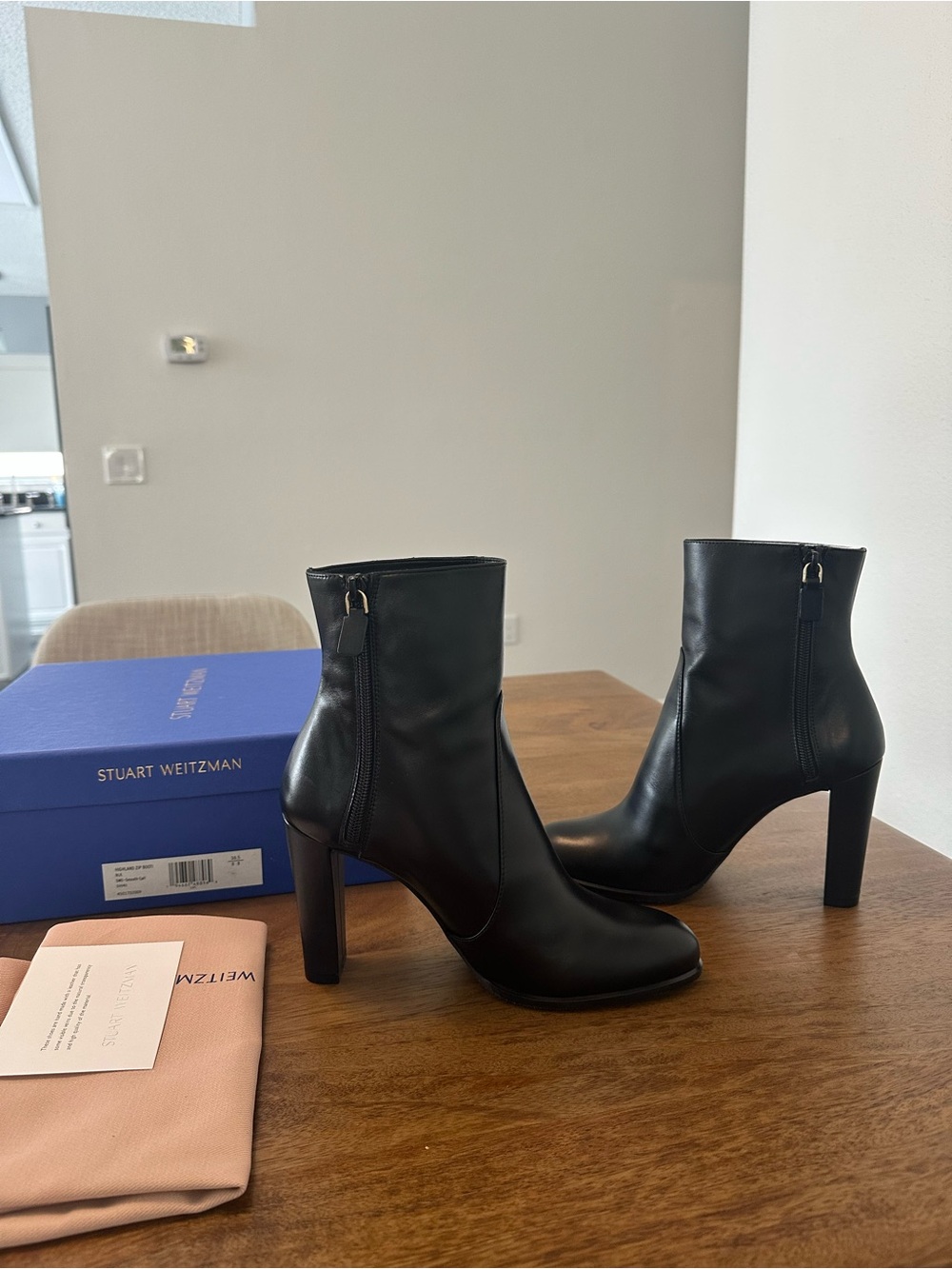 Stuart Weitzman Black Leather Block Heel Ankle Boots